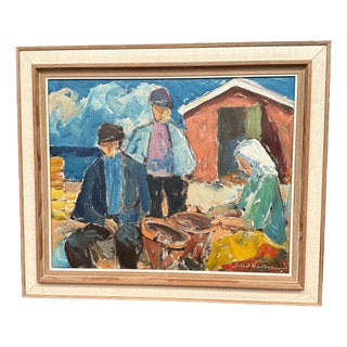 Svend Nielsen, Figures at the Fish Shed, 1950s, Oil on Canvas, Framed For Sale