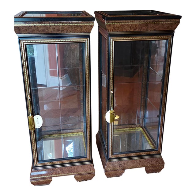 Pair of Vintage Italian Burlwood and Glass Display Cabinets For Sale