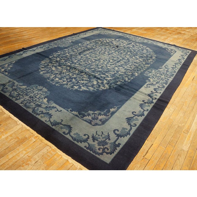 Chinese 1920s Deco Blue Field and Elegant Floral-Medallion Antique Chinese Peking Rug For Sale - Image 3 of 11