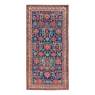 1880s Blue Geometric Tribal Antique Caucasian-Zeychor Rug 5'10" X 12'0" Handknotted Wool Carpet For Sale