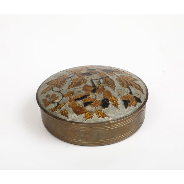 Vintage Indian Cloisonné Round Brass Trinket Box For Sale - Image 4 of 10
