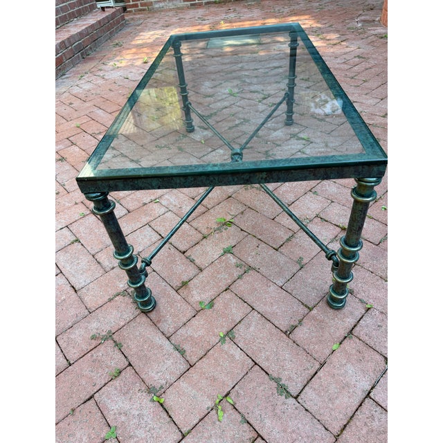 Vintage Brutalist Faux Verdigris Finish Glass Top Coffee Table - Styled After Giacometti For Sale In Milwaukee - Image 6 of 7