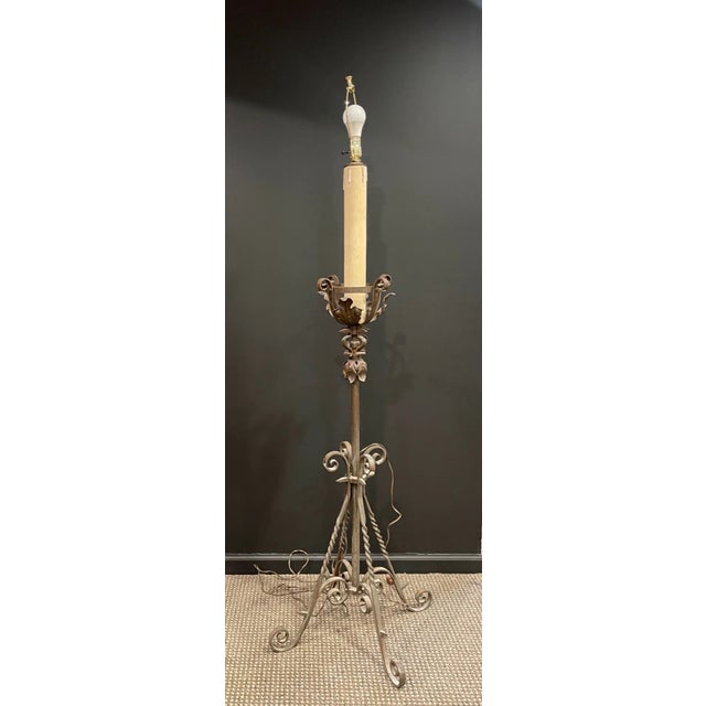 Late 20th Century Late 20th Century French Wrought Iron Floor Lamp & Burlap Shade For Sale - Image 5 of 9