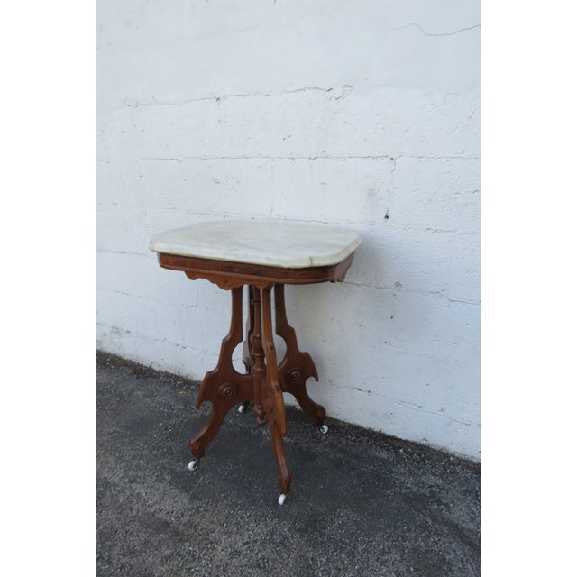 Late 19th Century Late 1800s Victorian Eastlake Marble Top Carved Side Table 6295 For Sale - Image 5 of 17