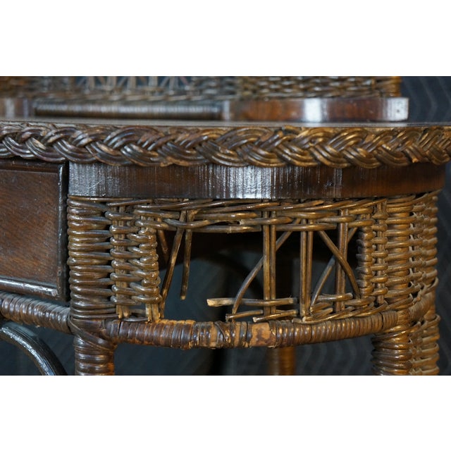 Antique American Quartersawn Oak & Wicker Kidney Writing Desk Dressing Table For Sale - Image 10 of 16
