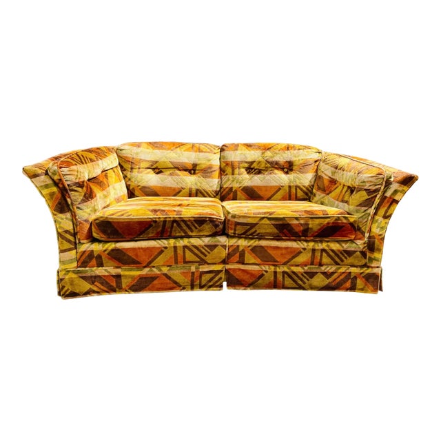 1960s Mid Century Modern Jack Lenor Larsen Milo Baughman Style for Flexsteel Geometric Curved Tuxedo Loveseat Sofa For Sale