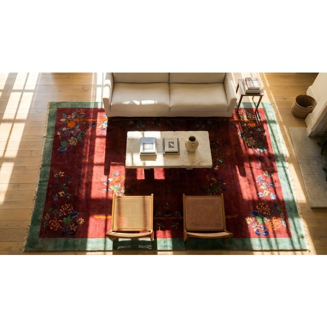 1920s Red Floral Modern Antique Chinese Art Deco Rug 9'0" X 11'8" Handknotted Wool Carpet For Sale In New York - Image 6 of 7