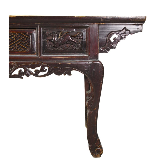 Late 19th Century 96” Inch Long Antique Brown Chinese Altar Console Table – 3 Drawers For Sale - Image 5 of 13