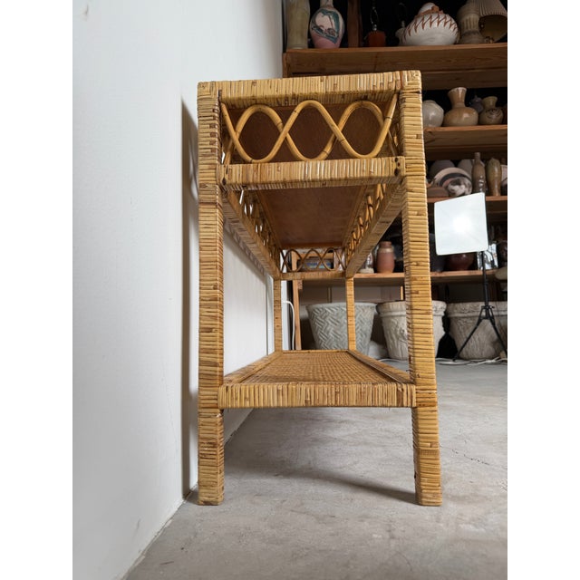 Vintage Coastal Rattan Two-Tier Console Table With Glass Top For Sale - Image 15 of 17