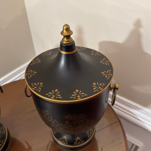 Mid-20th Century Neoclassical French Style Tole Black & Gold Lidded Urn ~ a Pair For Sale In Atlanta - Image 6 of 12
