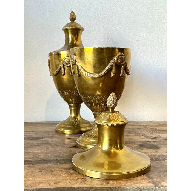 Vintage Swag Brass Lidded Urns - A Pair For Sale - Image 12 of 12