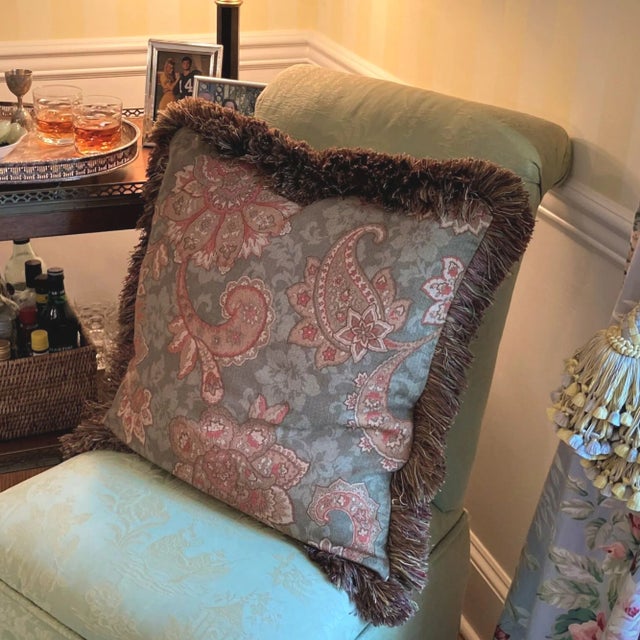 2020s Moss Green Paisley Chenille Square Decorative Pillow With Down Feather Insert For Sale - Image 5 of 6