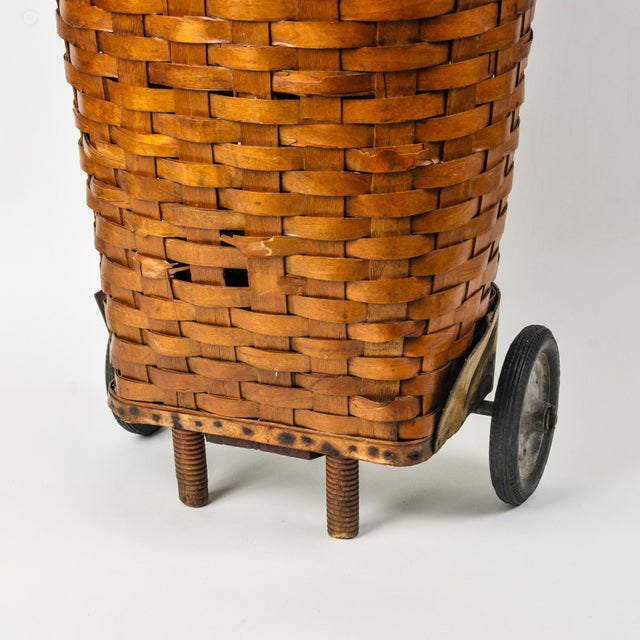 1950s Splint Wood Rolling Market Basket Cart For Sale - Image 11 of 16
