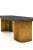 Rich navy blue dining table featuring a dyed oak starburst top. Brass inset banding runs the perimeter of the table. Two...