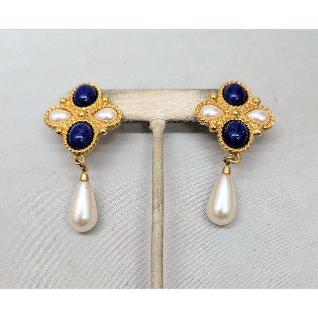 Napier Vintage 1991 Napier Book Piece Faux-Lapis & Faux-Pearl Pierced Earrings- 2 Pieces For Sale - Image 4 of 7