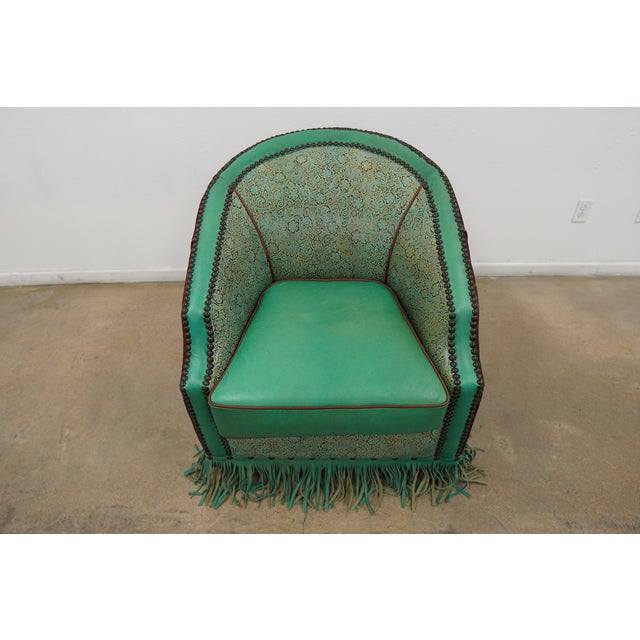 Rustic Western-Style Embossed Leather Swivel Barrel Chair For Sale - Image 3 of 16