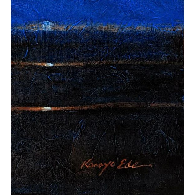 Blue Beige White and Black Lotus Flower Abstract Painting on Canvas For Sale - Image 4 of 4