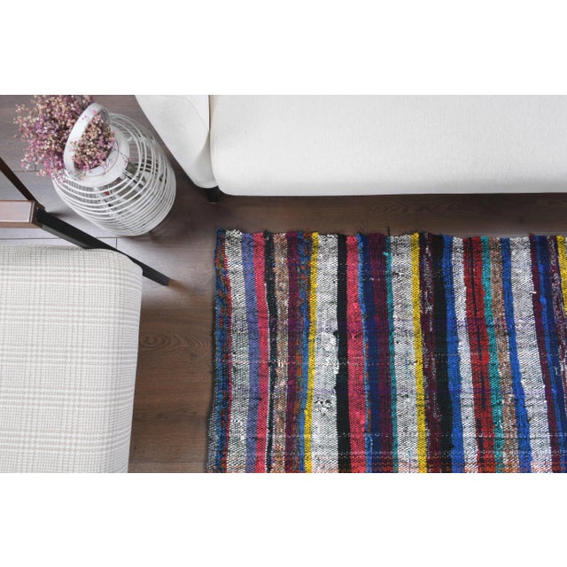 Vintage Turkish Oushak Handmade Wool Cotton Blue Kilim Area Rug For Sale - Image 6 of 11