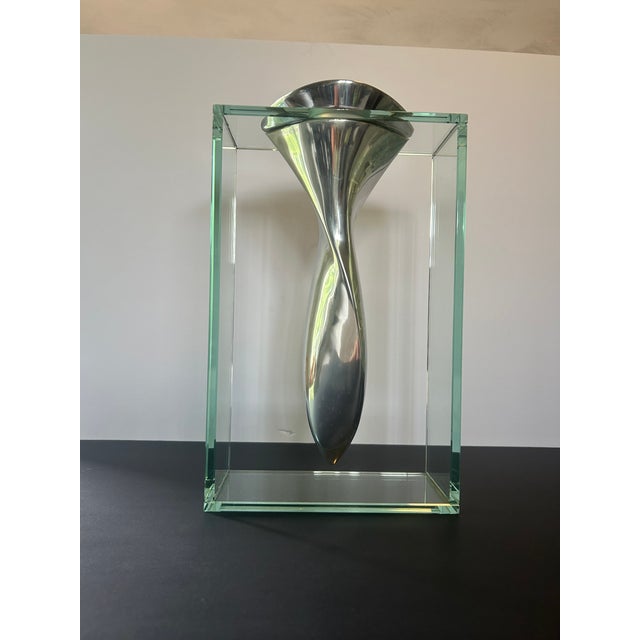 1980s Lisa Mori “Twisted Tornado” Italian Postmodern Aluminum & Glass Sculptural Vase, 13”h For Sale In Providence - Image 6 of 16