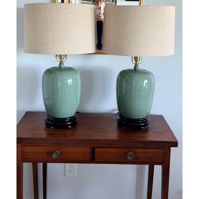 Vintage Chinoiserie Celadon Crackle-Glaze Ginger Jar Table Lamps With Wooden Bases For Sale - Image 10 of 11