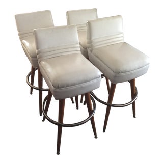 Vintage White Leather Bar Stools - Set of 4 For Sale
