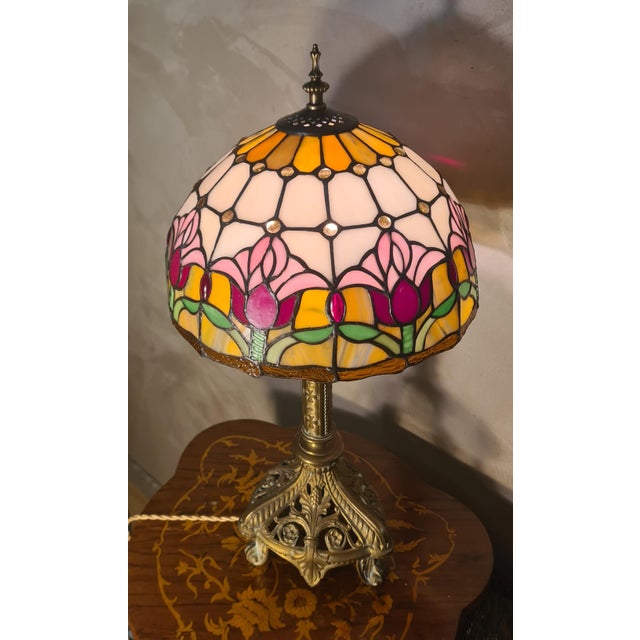 Antique Art Nouveau Bronze Lamp with Stained Glass Shade in the style of Tiffany, 1900 For Sale - Image 3 of 10