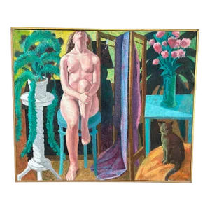 1990s Large Impressionist Oil Painting of Nude Woman and Cat by Robert Finch, Framed