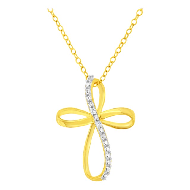 10K Yellow Gold Plated .925 Sterling Silver Diamond Accent Cross Ribbon 18" Pendant Necklace (I-J Color, I2-I3 Clarity) For Sale