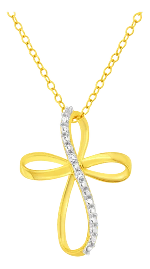 10K Yellow Gold Plated .925 Sterling Silver Diamond Accent Cross Ribbon 18" Pendant Necklace (I-J Color, I2-I3 Clarity)