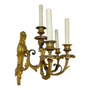 Antique Ornate 19th Century Dore Two Tone Bronze Figural Wall Sconce Fixture