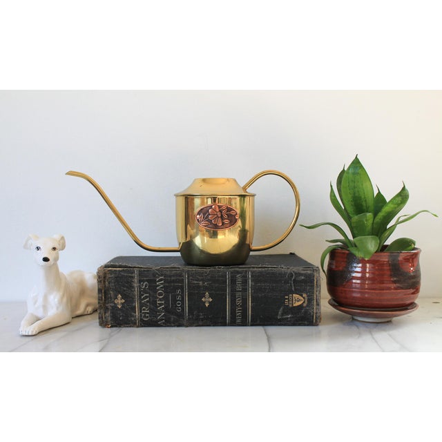 Vintage brass watering can with copper floral motif. No makers mark. Some oxidation spots.