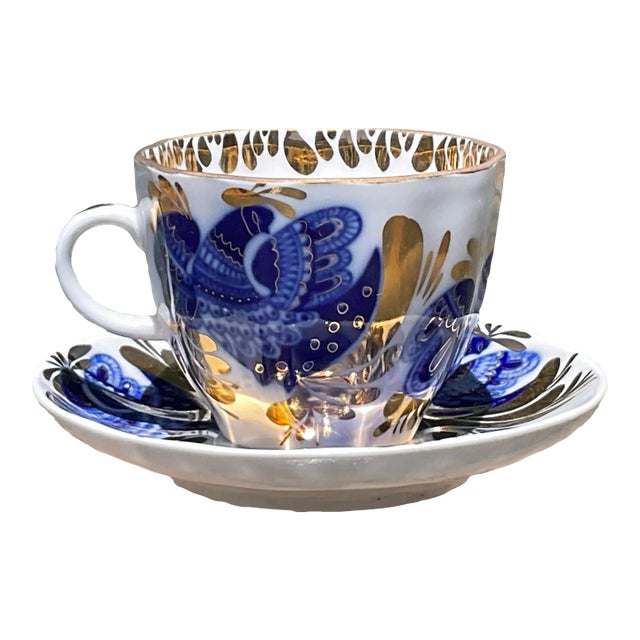 Lomonosov Navy Blue and Gold Demitasse Cup and Saucer For Sale