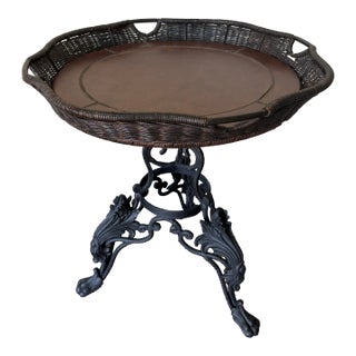 1990s Victorian Revival Clawfoot Iron & Leather Wicker Side Table For Sale