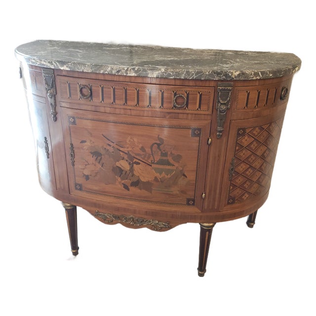 Early 20th Century French Louis XVI–Style Inlaid Marble-Top Demilune Cabinet, For Sale