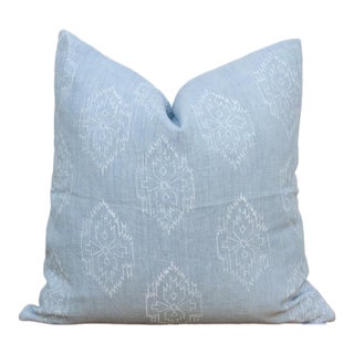 Powder Blue Jaipur Blockprint Linen Pillow Cover For Sale