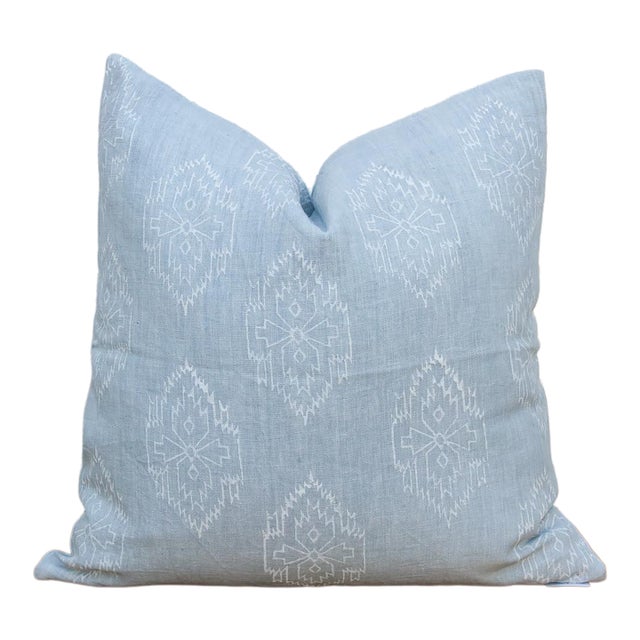 Powder Blue Jaipur Blockprint Linen Pillow Cover For Sale