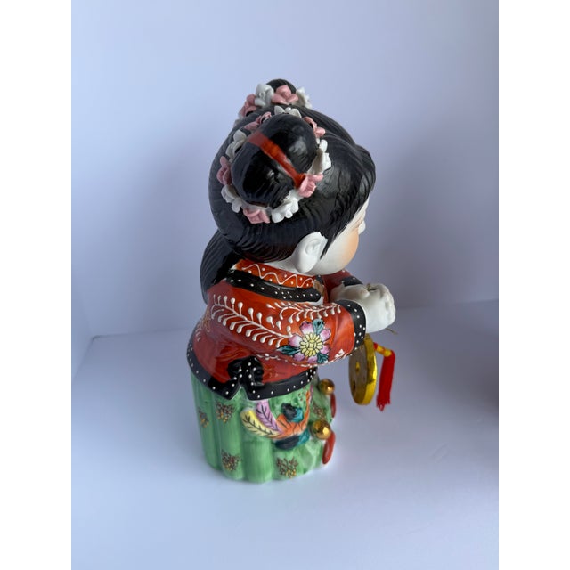 1980s Vintage Chinese Porcelain Good Fortune Boy & Girl Figurines – Pair, Circa 1980s For Sale - Image 5 of 12