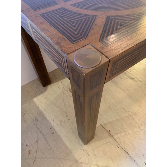 Brown Inlaid Wood Rectangular End Table With Geometric Decoration For Sale - Image 8 of 13