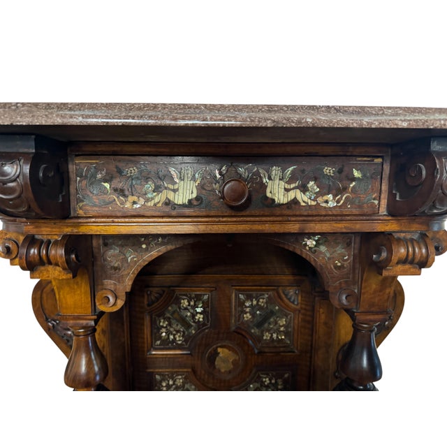 Late 19th Century Fine German Renaissance Revival Walnut Console Table With Inlaid Marquetry and Provenance-Inscribed Rouge Marble TopCirca 1875–1890 For Sale - Image 5 of 18
