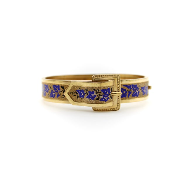 Late 19th Century 14k Gold Victorian Enameled Blue Ivy Buckle Bracelet For Sale - Image 4 of 11