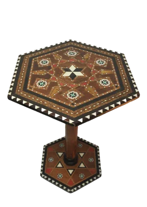 Hexagonal Damascene Fruitwood Tea Table with Mosaic Detailing, 1890s