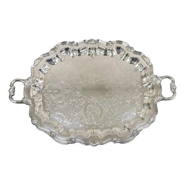 Vintage Lunt Baroque Style Silver Plated Ornate Twin Handle Serving Platter Tray For Sale