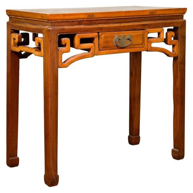 Chinese Ming Dynasty Style Elmwood Table with Single Drawer and Carved