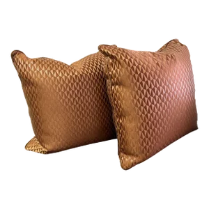 Jim Thompson Orange Geometric Pillows With Leather Piping - a Pair