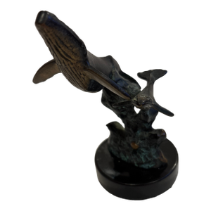 1980s Spi Gallery Humpback Whale Figurine Mama & Baby Calf Coral Brass W Marble Base
