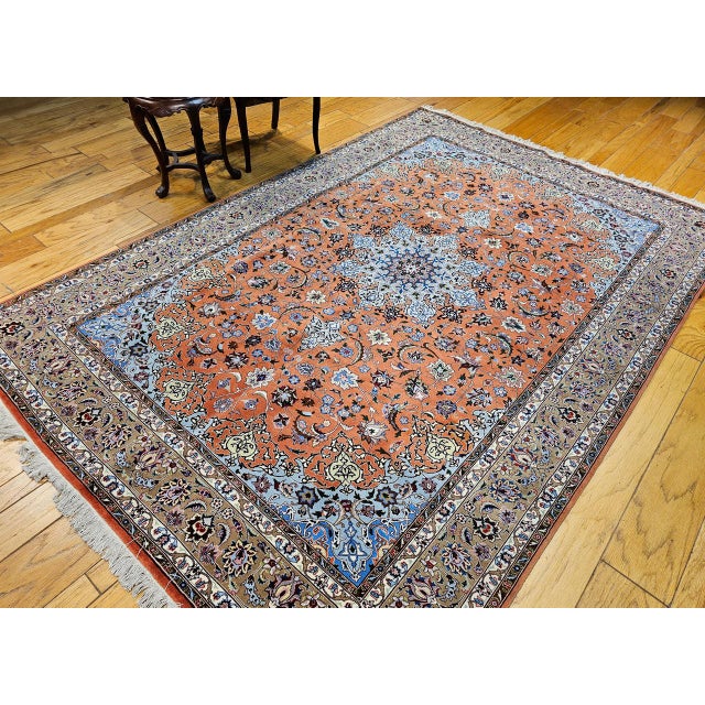Persian Tabriz Rug, Hand-Knotted Wool & Silk, Fine Floral Pattern, Terracotta & Blue, 7x10 For Sale - Image 14 of 14