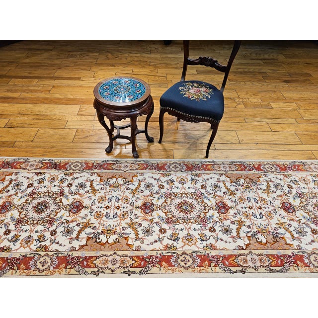 1900 - 1909 Vintage Persian Tabriz Runner, Fine Hand-Knotted Wool & Silk, Floral Design, Ivory & Red, 3x11 For Sale - Image 5 of 16