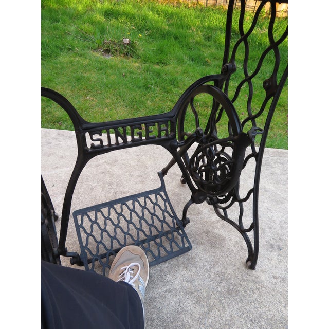 Early 20th Century Antique Live Edge Cedar Wood Slab Side Table on Cast Iron Singer Treadle Base ~ Rustic Industrial Handmade Design For Sale - Image 5 of 15