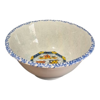 Vintage Large Italian Ceramic Pasta Bread Dough Bowl Blue Spongeware Rim For Sale