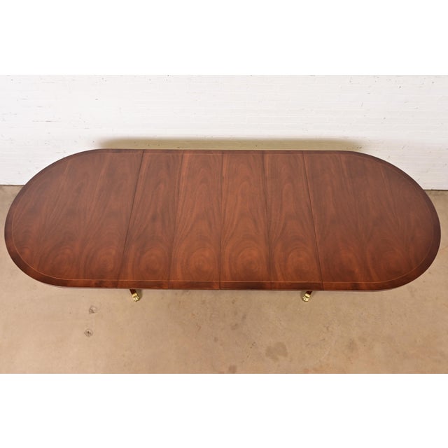 1970s Henkel Harris Georgian Banded Mahogany Double Pedestal Extension Dining Table, Newly Refinished For Sale - Image 5 of 14